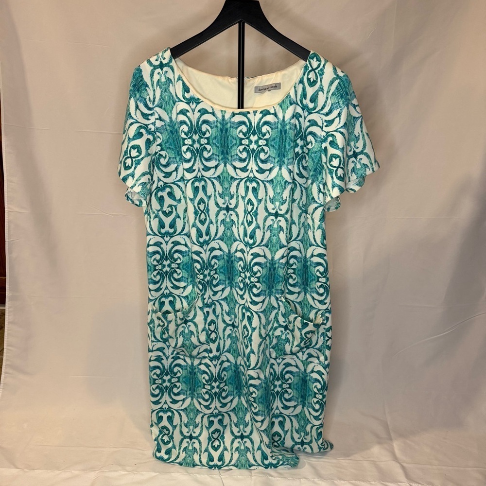 Danny & Nicole Women’s 2XL Ivory & Teal Paisley Short Sleeve Dress GUC